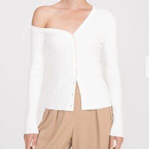 Staud CRAFTSMAN Off One Shoulder Cardigan Sweater In White